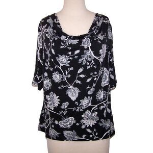Simply Styled Shirt Top Womens XLP Cowl Neck Stretch Black White Floral Blouse